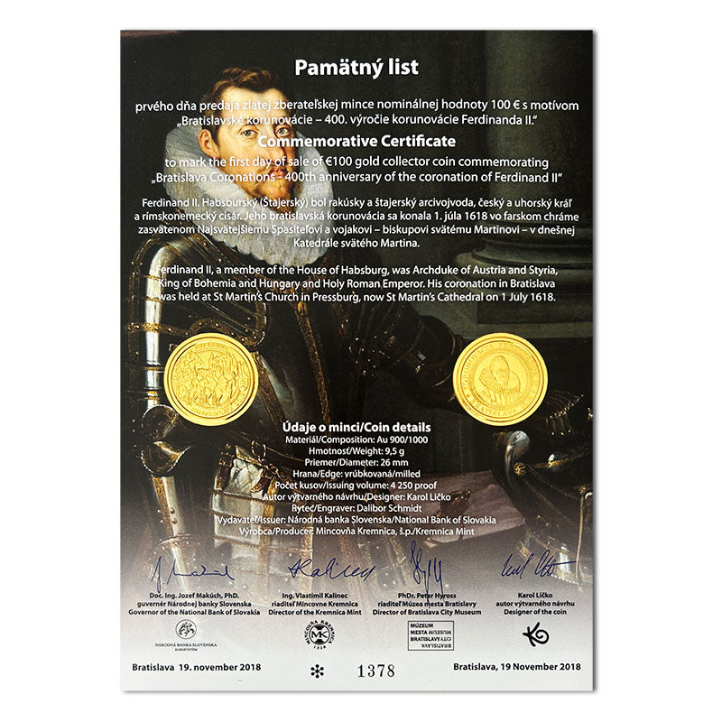 Pamätný list 100 EURO/2018 - Ferdinand II. - 400. výročie korunovácie v Bratislave