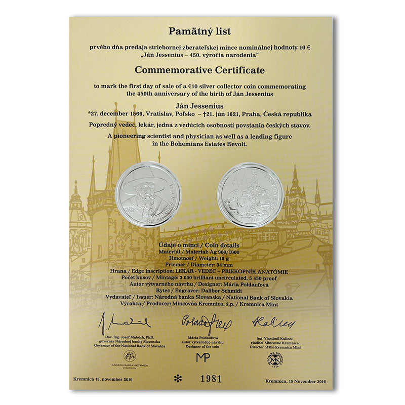 Pamätný list 10 EURO/2016 - Ján Jessenius - 450. výročie narodenia