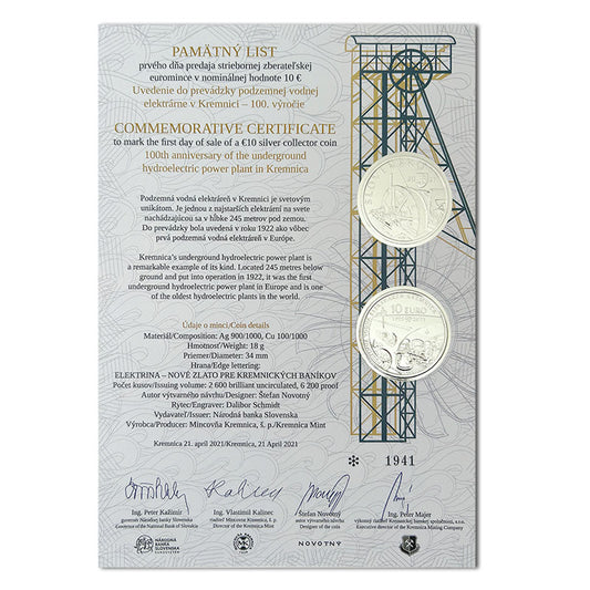 Pamätný list 10 EURO/2021 - Podzemná vodná elektráreň v Kremnici - 100. výročie uvedenia do prevádzky